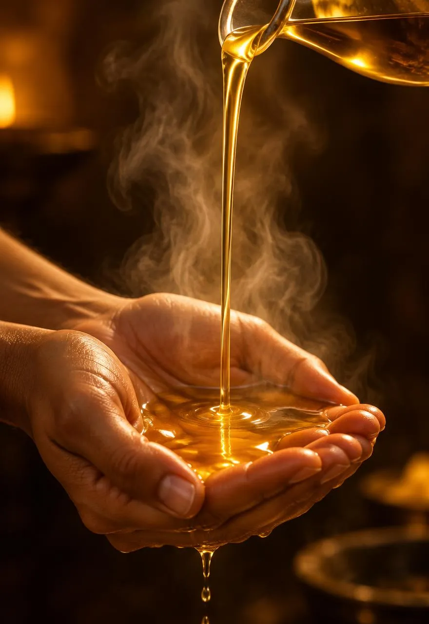 Oil poured into open palms with soft steam