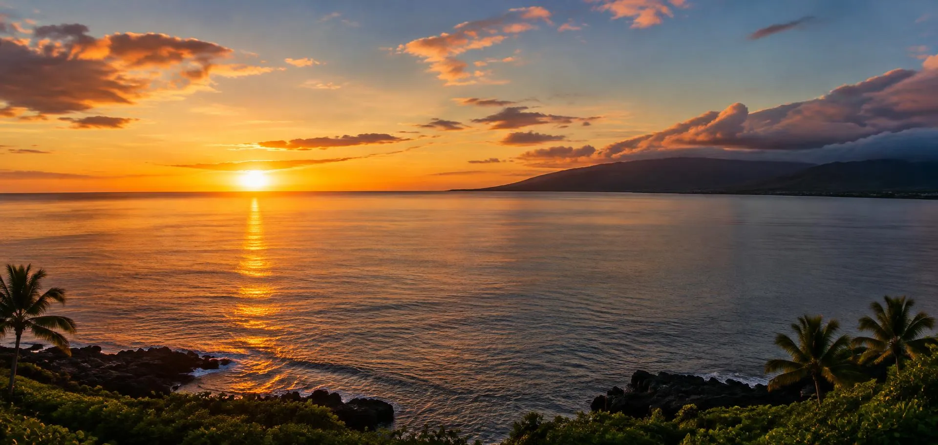 Ocean horizon at dusk with gold light