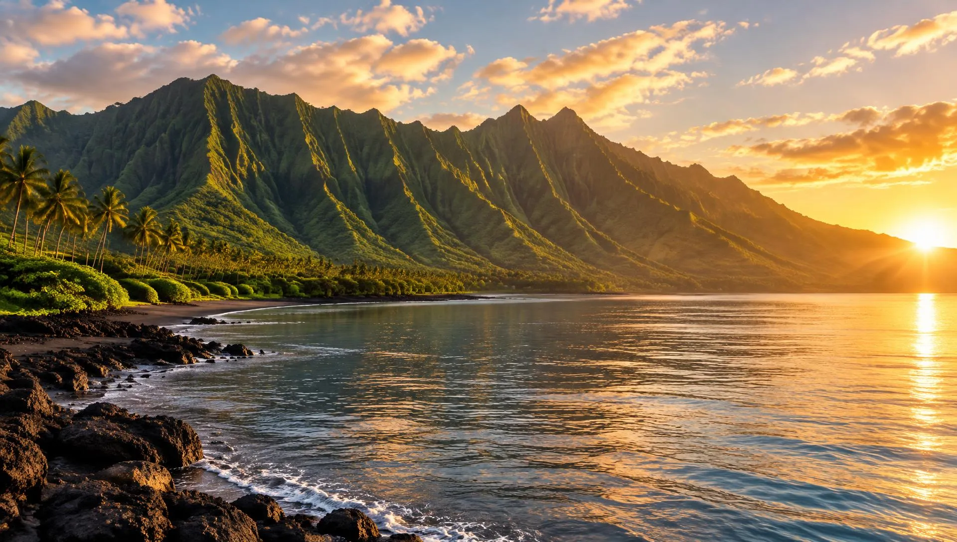 Koʻolau mountains and the Punaluʻu shore at sunrise