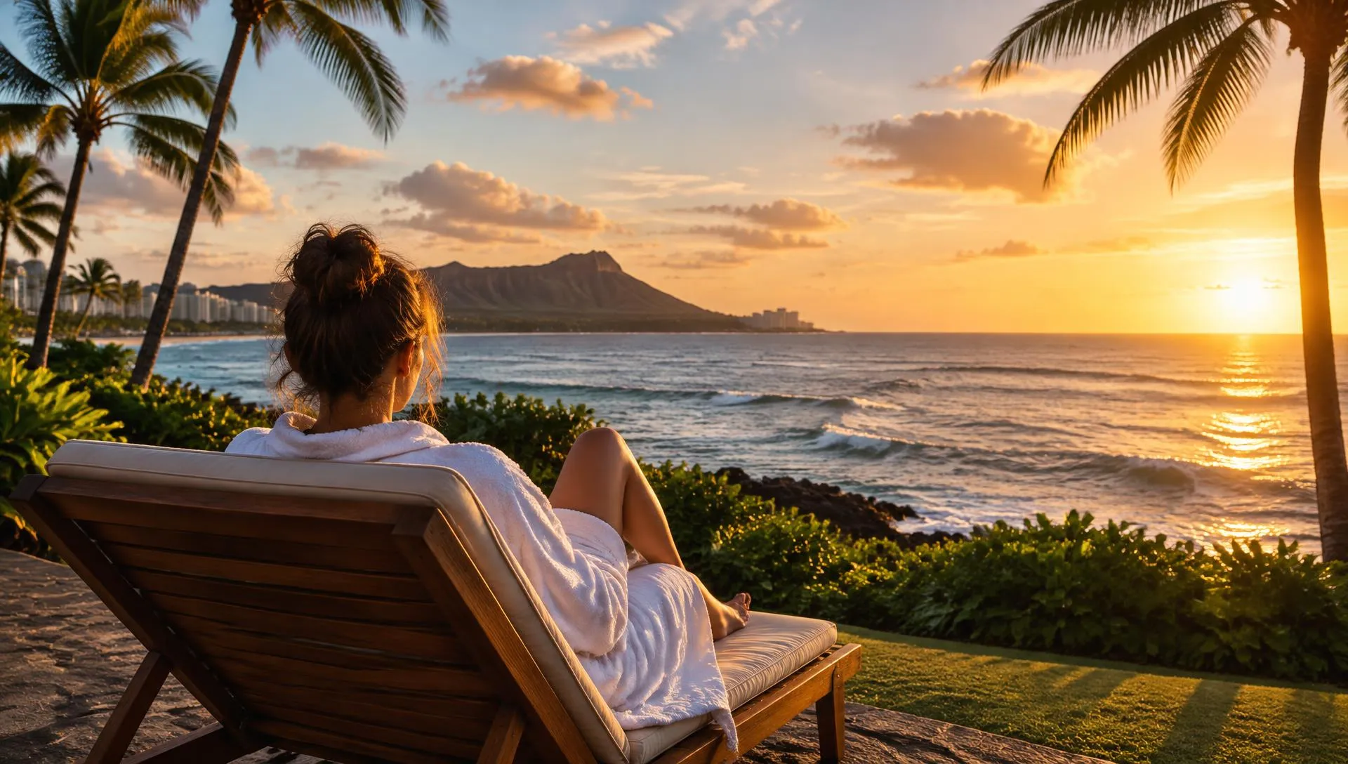 Woman resting on a lounge facing the ocean