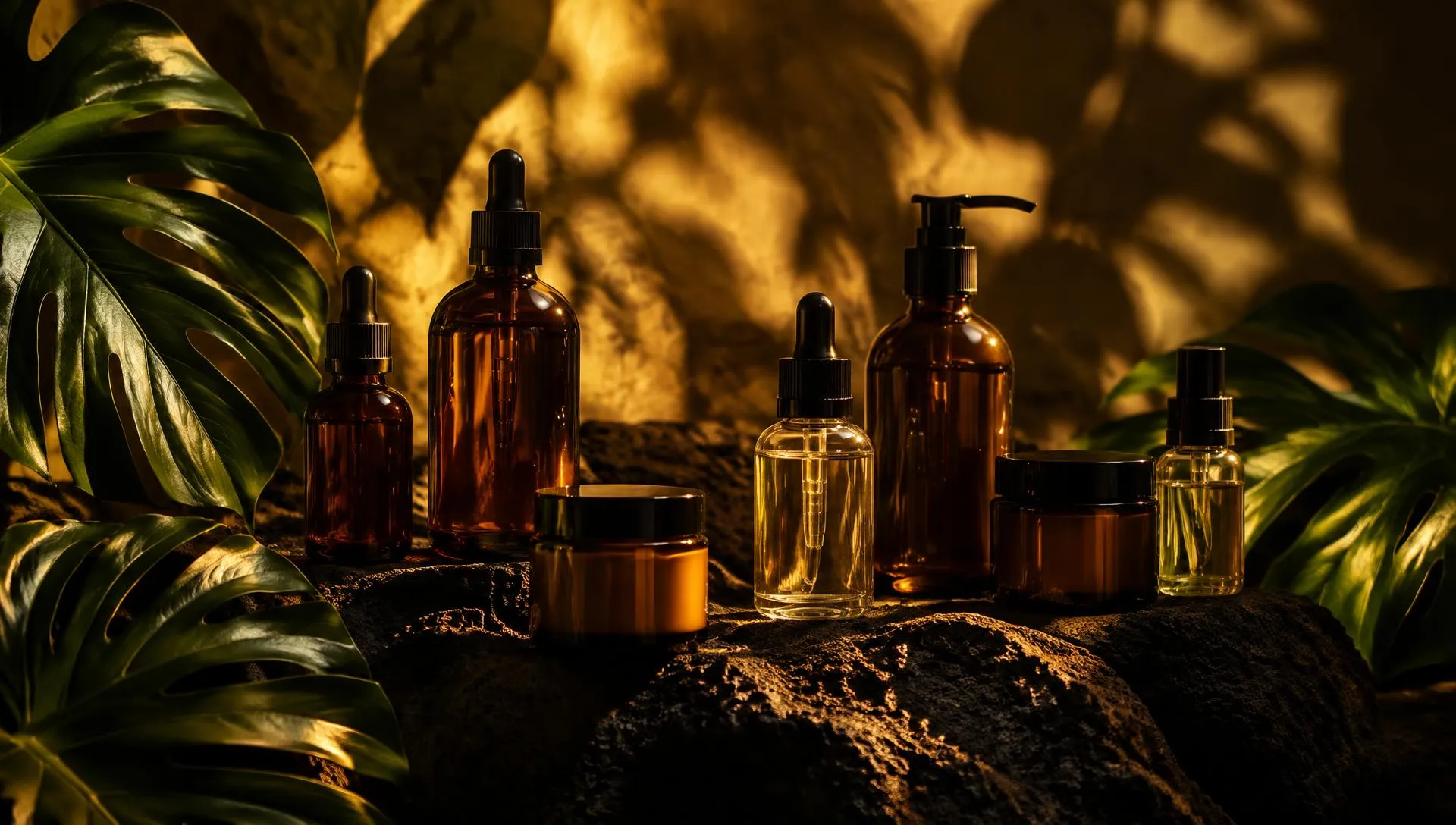 Skincare bottles on lava rock with monstera leaves