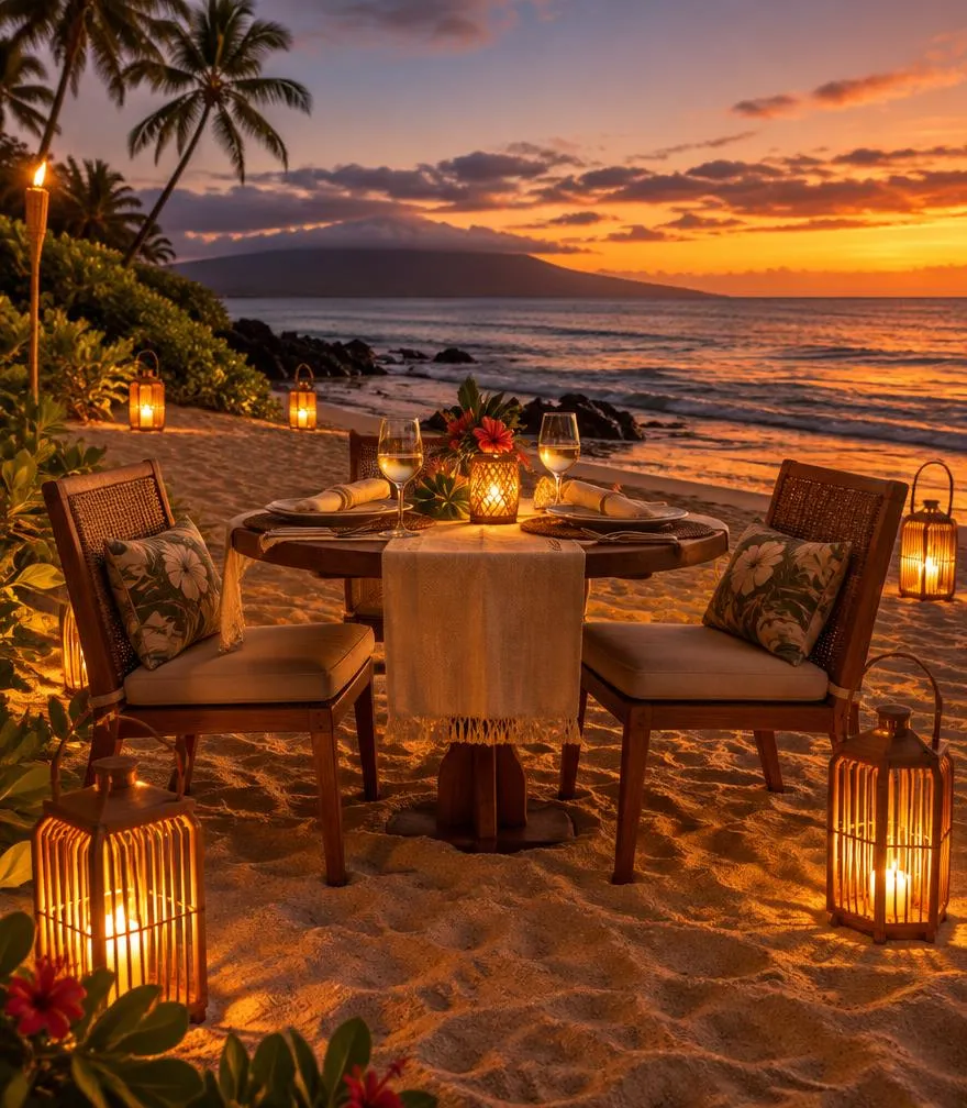 Beach table for two with lanterns