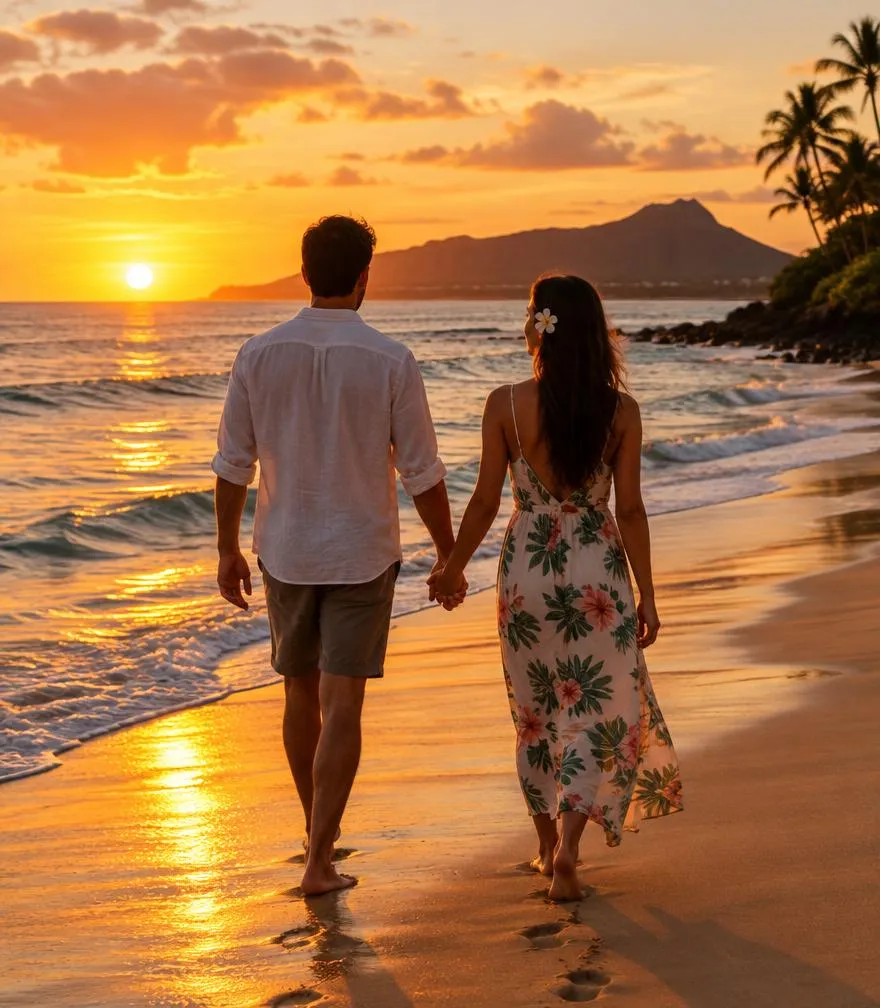 Couple walking the shoreline at sunset