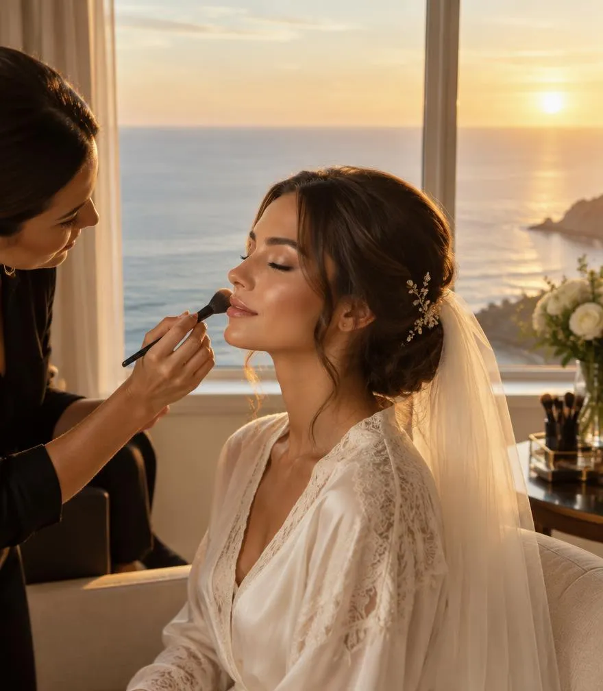 Bride getting makeup by an ocean-view window