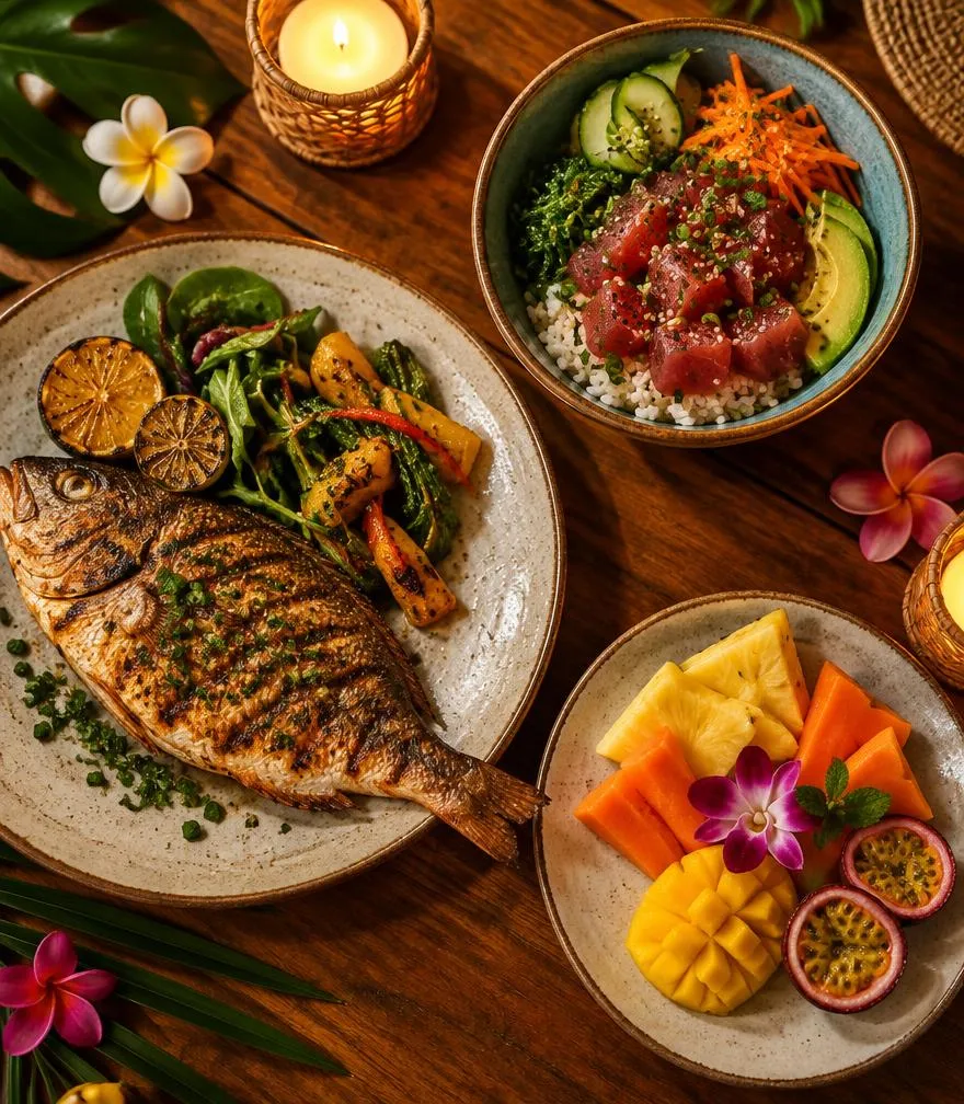 Plated island dinner with fresh fish, poke and tropical fruit