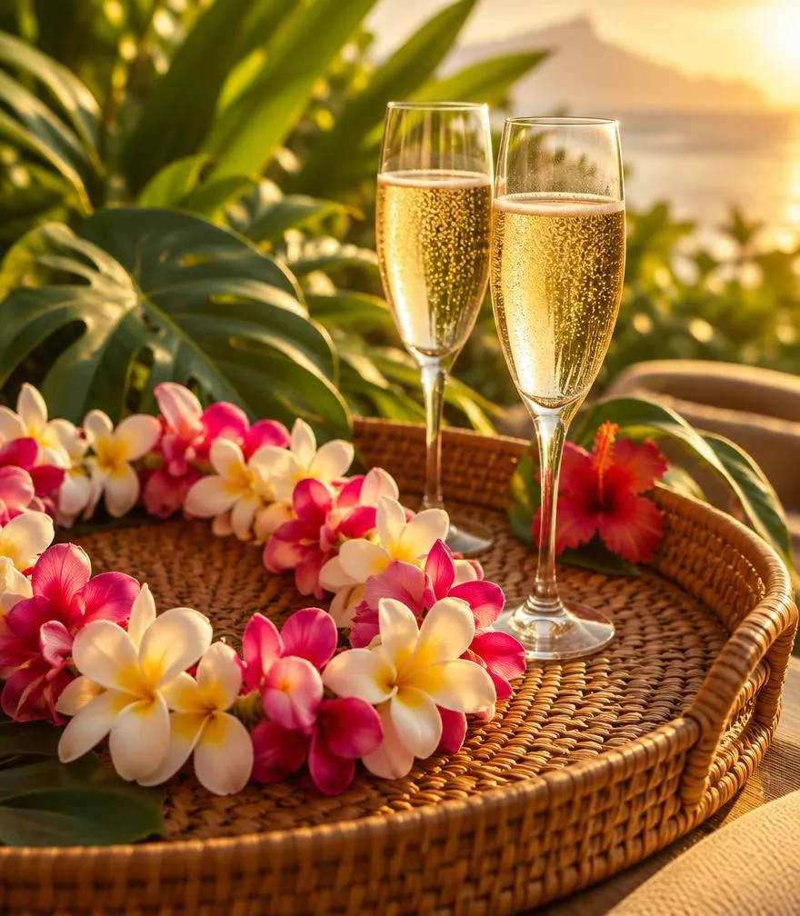 Flower lei and champagne on a tray
